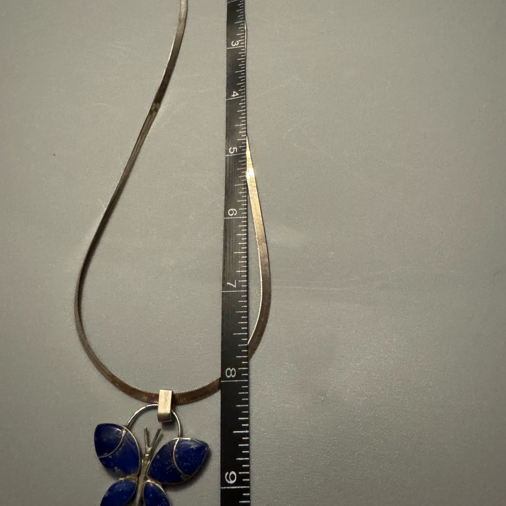 Lapis and Sterling silver butterfly with nice sterling herringbone chain 17 in - Picture 3 of 3